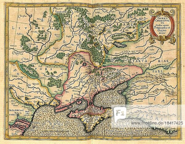 Atlas  Landkarte aus dem Jahre 1623  tavrica chersones  Krim  Ukraine  Schwarzes Meer  digital restaurierte Reproduktion von einem Kupferstich von Gerhard Mercator  geboren als Gheert Cremer  5. März 1512  2. Dezember 1594  Geograph und Kartograf  Europa