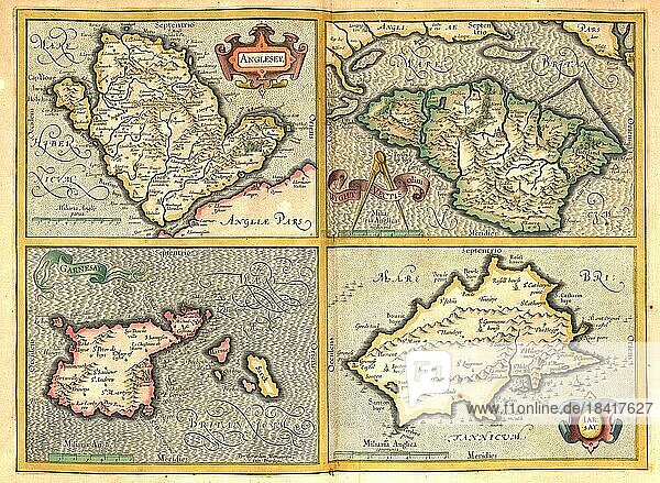 Atlas  Landkarte aus dem Jahre 1623  Anglesey Insel in Wales  Insel Wight  Garnesay Guernsey  Iarsey Jersey  digital restaurierte Reproduktion von einem Kupferstich von Gerhard Mercator  geboren als Gheert Cremer  5. März 1512  2. Dezember 1594  Geograph und Kartograf