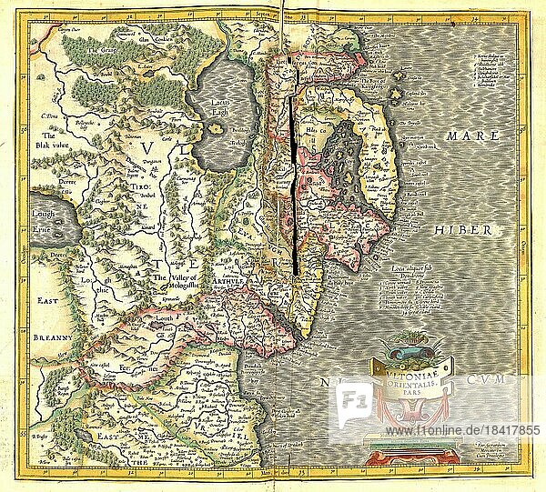 Atlas  Landkarte aus dem Jahre 1623  Irland und die Irische See  digital restaurierte Reproduktion von einem Kupferstich von Gerhard Mercator  geboren als Gheert Cremer  5. März 1512  2. Dezember 1594  Geograph und Kartograf