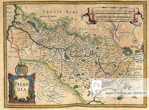 Atlas  Landkarte aus dem Jahre 1623  Picardie  Frankreich  digital restaurierte Reproduktion von einem Kupferstich von Gerhard Mercator  geboren als Gheert Cremer  5. März 1512  2. Dezember 1594  Geograph und Kartograf  Europa