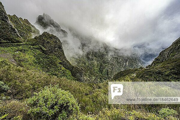 Steile wolkenverhangene Berglandschaft mit Felsformationen  Pico Arieiro zum Pico Ruivo Wanderung  Zentralgebirge Madeiras  Madeira