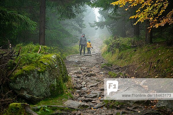 Mum and her little son go on a mountain trail in wet autumn weather. They are accompanied by a dog. Polish mountains  Poland  Europe