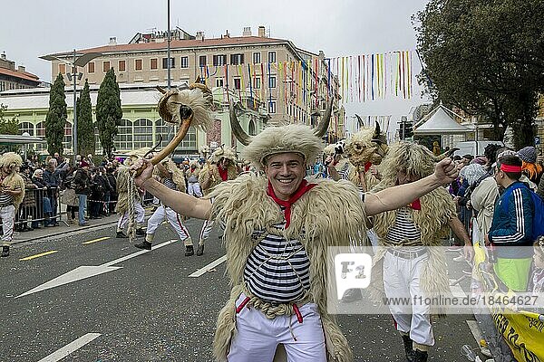 Traditional bell ringer masks in sailors mother  sheepskin and cap with horns and sheepskin at the carnival in Rijeka  Croatia  Europe