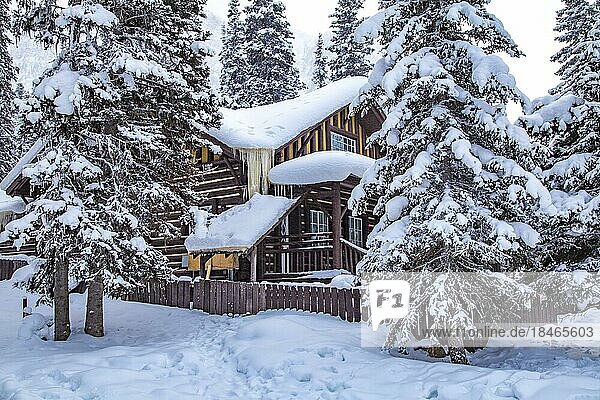 Verschneite Hütte in Winterlandschaft beim Chateau Lake Louise Hotel  Alberta  Kanada  Nordamerika