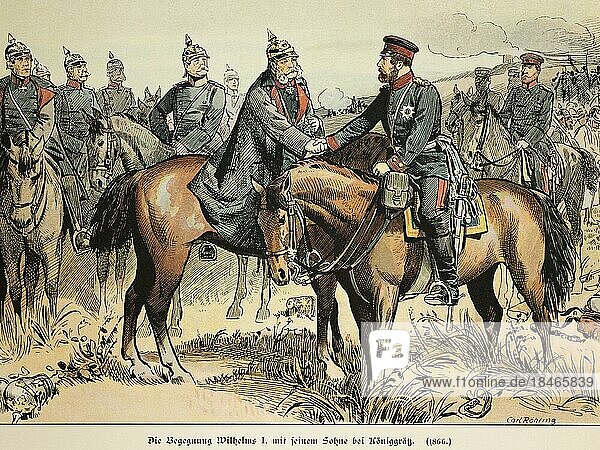 Meeting of Wilhelm I with his son at Königgrätz 1866  History of the Hohenzollerns  Prussia  historical illustration 1899