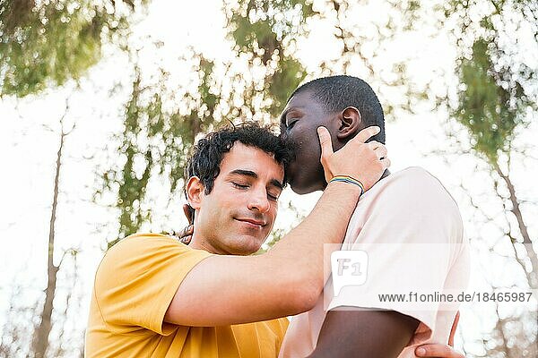 Lgbt Konzept  Paar multiethnische Männer in einem Park küssen sich auf die Stirn  romantische Pose