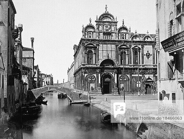 Campo Santi Giovanni e Paolo  Santi Giovanni e Paolo  Venetian San Zanipolo or just Zanipolo  at just under 100 m long  is one of the largest churches in Venice  Scuola Grande and Hospital of San Marco  1870  Italy  Historic  digitally restored reproduction from an 18th or 19th century original  Europe