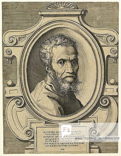 Portrait of Michelangelo  Michelangelo Buonarroti  6. März 1475-18. Februar 1564  war ein italienischer Maler  Bildhauer  Baumeister  Architekt und Dichter  Historisch  digital restaurierte Reproduktion von einer Vorlage aus dem 19. Jahrhundert