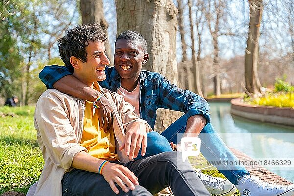 Ein paar multiethnische schwule Männer unterhalten sich leise im Park  lgbt Konzept