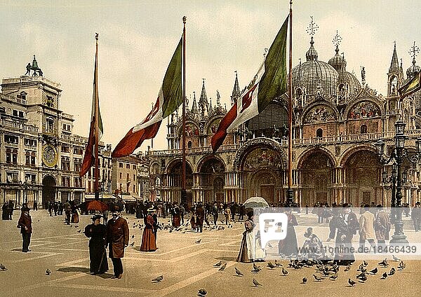 St Marks Church and Clock  1890  Venice  Italy  Historic  digitally restored reproduction from an 18th or 19th century original  Europe