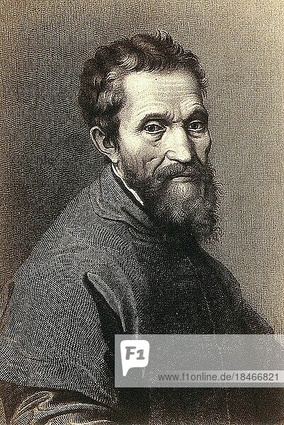 Michelangelo  Michelangelo Buonarroti  6. März 1475-18. Februar 1564  war ein italienischer Maler  Bildhauer  Baumeister  Architekt und Dichter  Historisch  digital restaurierte Reproduktion von einer Vorlage aus dem 19. Jahrhundert