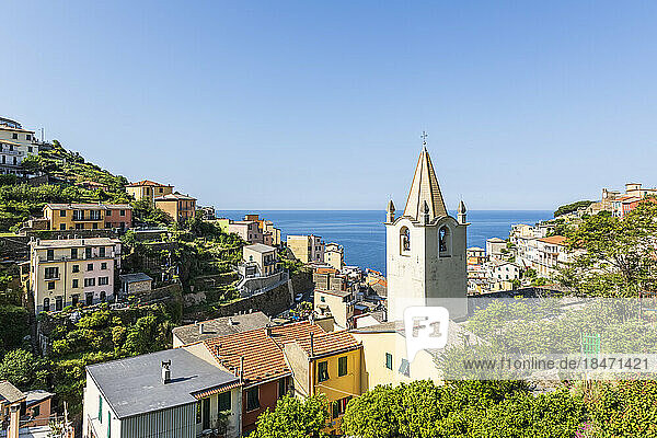 Italien  Ligurien  Riomaggiore  Häuser einer Küstenstadt entlang der Cinque Terre mit dem Glockenturm der Kirche im Vordergrund
