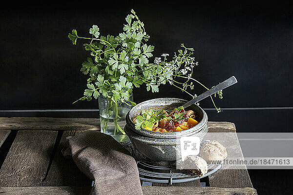 Studio shot of bowl of ready-to-eat North African stew with pumpkin  chickpeas  lentils  dates  and cilantro