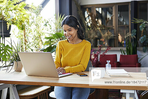 Smiling freelancer working on laptop sitting at desk in loft office