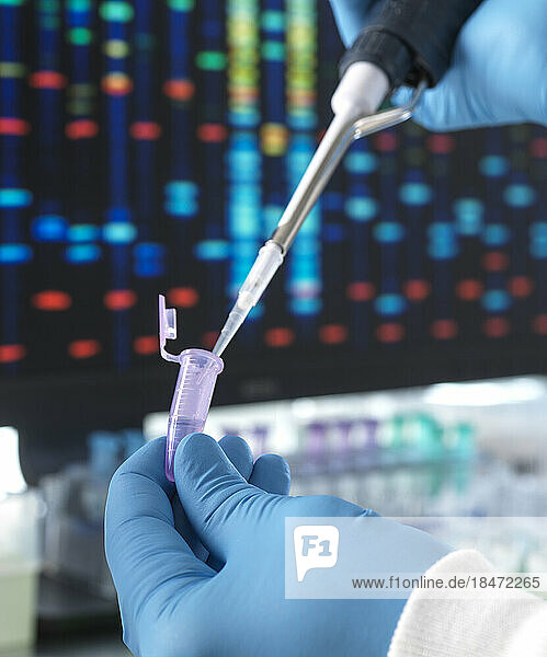 Hands of scientist pouring DNA sample through pipette in test tube