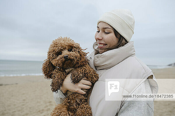 Happy woman holding Maltipoo dog at beach
