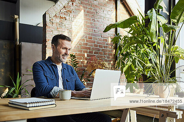 Smiling businessman working on laptop at loft office