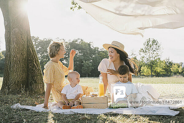 Happy women sitting with sons on picnic blanket in park