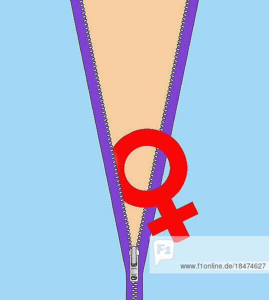 Illustration of female symbol coming out of partially unzipped clothes