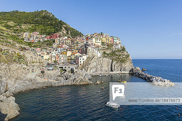 Italy  Liguria  Manarola  View of historic village along Cinque Terre
