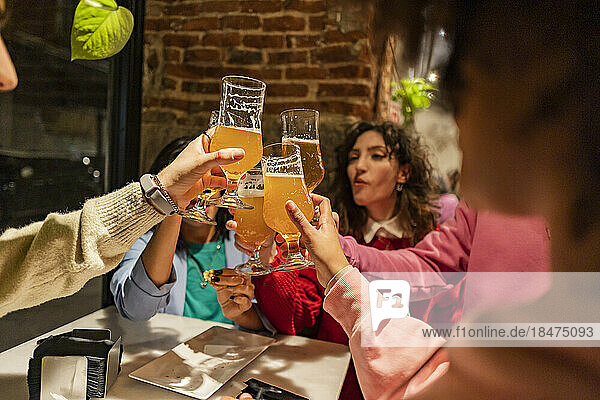 Friends toasting beer glasses at table in restaurant