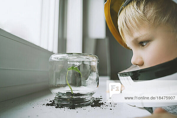 Junge mit Weltraumhelm blickt auf Pflanze im Glas