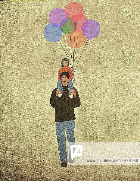 Illustration eines Vaters  der seine Tochter huckepack trägt und einen Haufen Luftballons hält