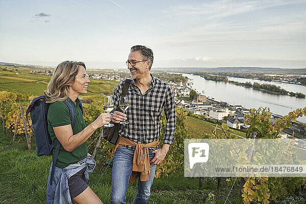 Happy mature couple enjoying wine on hill
