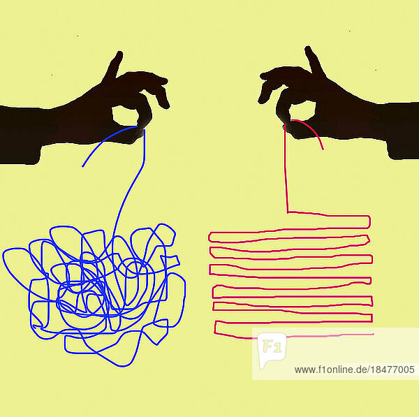 Illustration einer blauen verschlungenen Schnur und einer roten Schnur  die von zwei verschiedenen Händen gehalten werden
