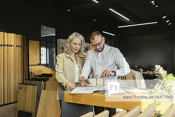 Two colleagues working on project in architect's office together