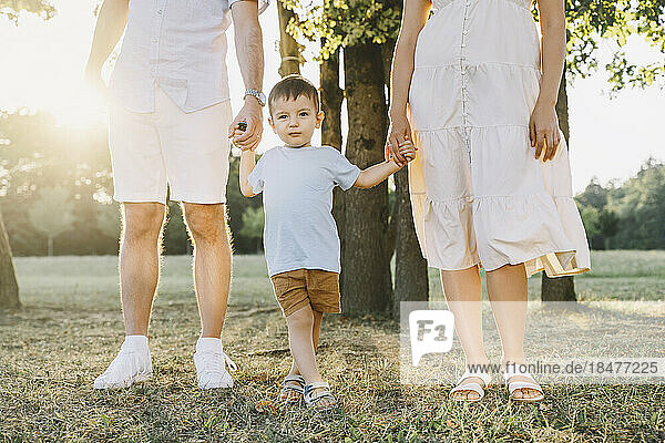 Father and mother holding hands with son in park