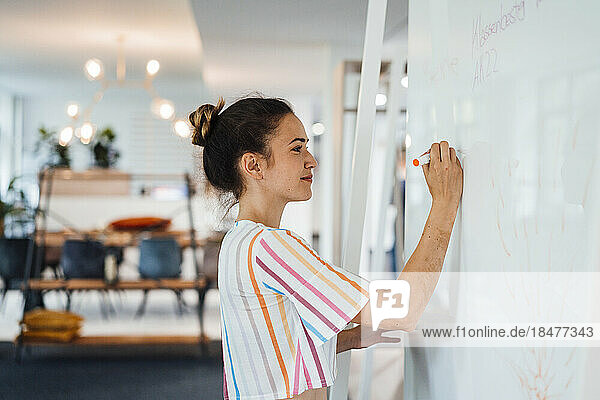 Businesswoman writing on whiteboard in office