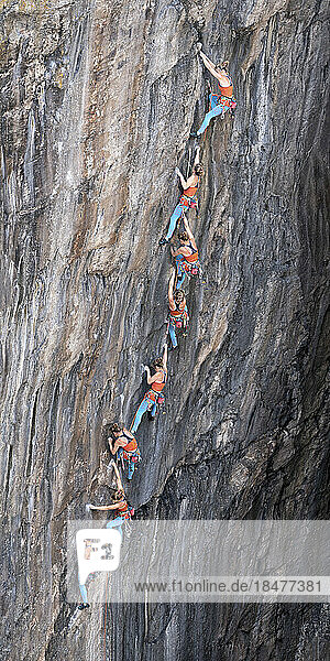 Multi exposure of sportswoman doing rock climbing