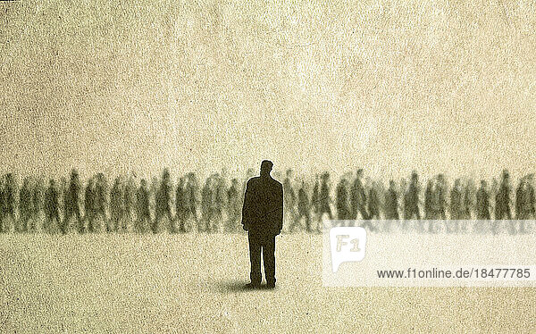 Illustration of man looking at passing crowd of people