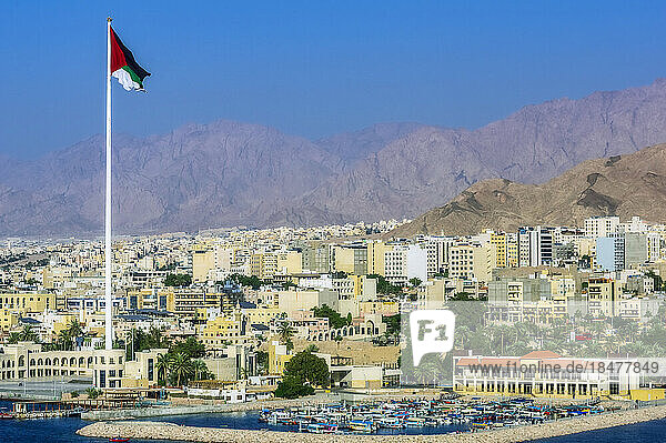 Jordanian Flag on tall pole in Aqaba city