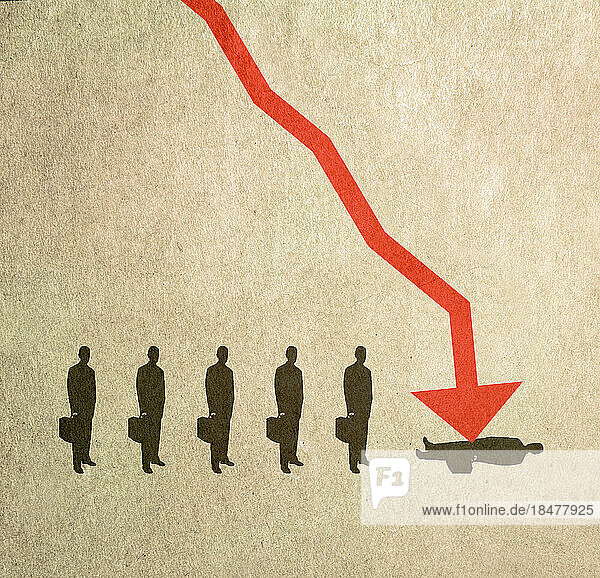 Illustration of businessmen waiting in line to be struck by arrow symbolizing layoffs