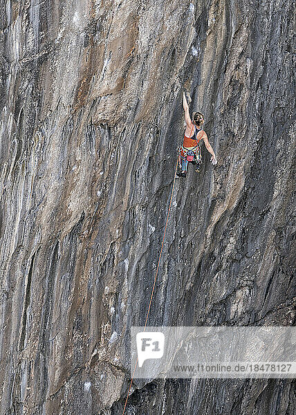 Determined woman doing rock climbing