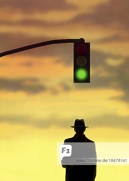Silhouette of man standing under stoplight showing green light