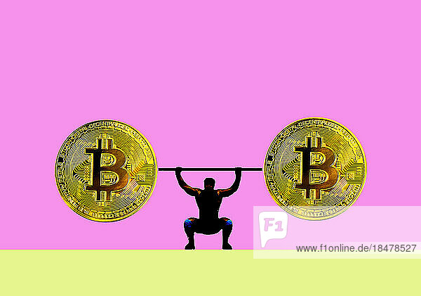 Illustration of man powerlifting barbell with Bitcoins
