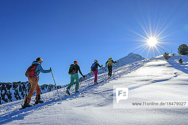 Österreich  Tirol  Gruppe von Skifahrern  die hintereinander über den Großen Galtenberg fahren