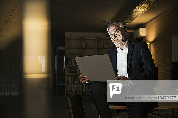 Smiling businessman sitting and working with laptop at office