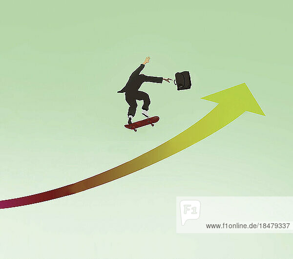 Illustration of businessman skateboarding along rising arrow symbol