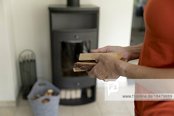 Hands of woman with firewood in front of fireplace at home