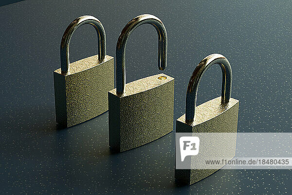 Three dimensional render of three simple padlocks