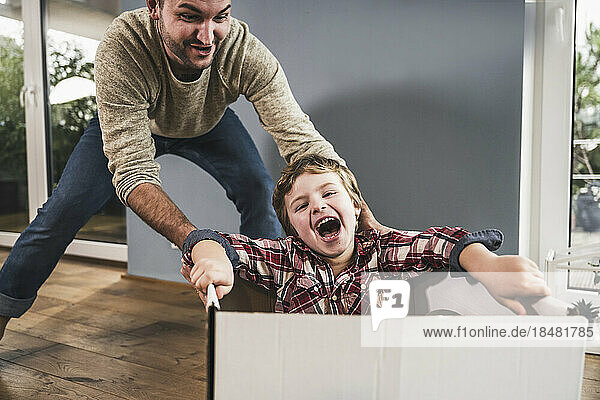 Cheerful boy with father pushing cardboard box and enjoying at home