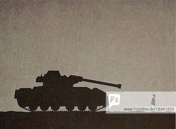 Illustration of boy standing in front of tank