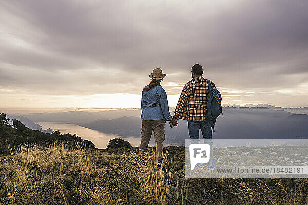 Mature couple holding hands standing on mountain