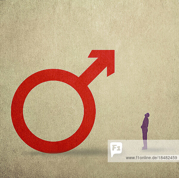 Illustration of small man looking at giant male symbol