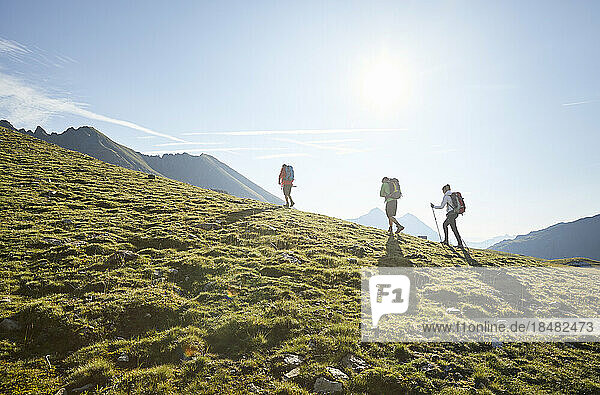 Austria  Tyrol  Sun illuminating hikers traveling across green alpine landscape in summer