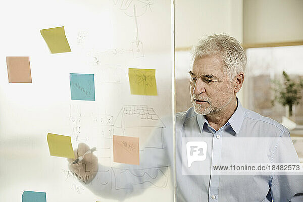 Mature businessman planning strategy on glass at office